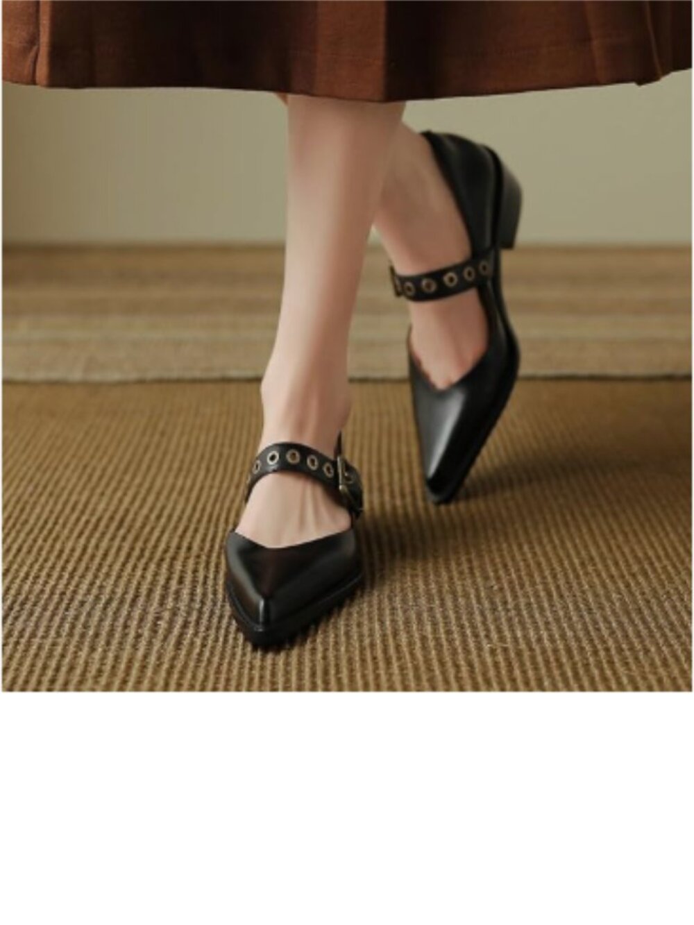 YDN Black Pointed Toe Mary Jane Chunky Heels Loafers Hollow Buckle Pumps